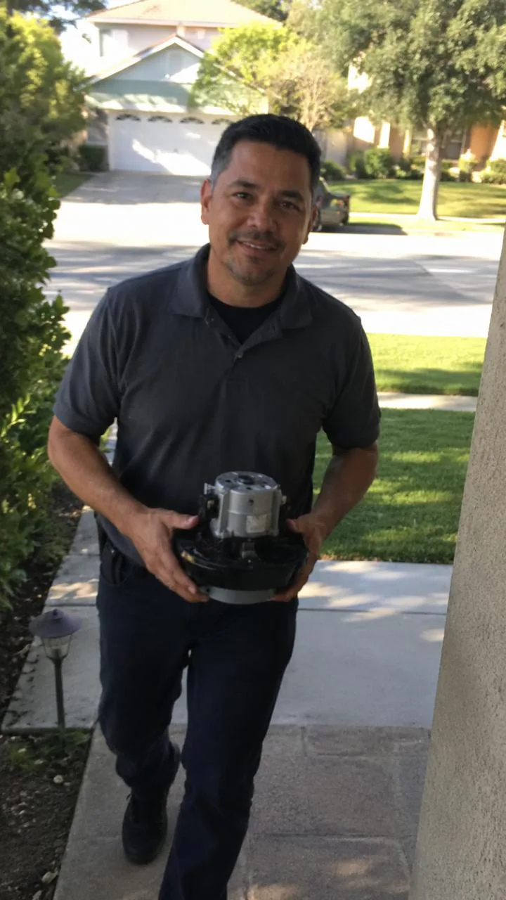 Technician carrying a replacement appliance motor up to a customer’s home