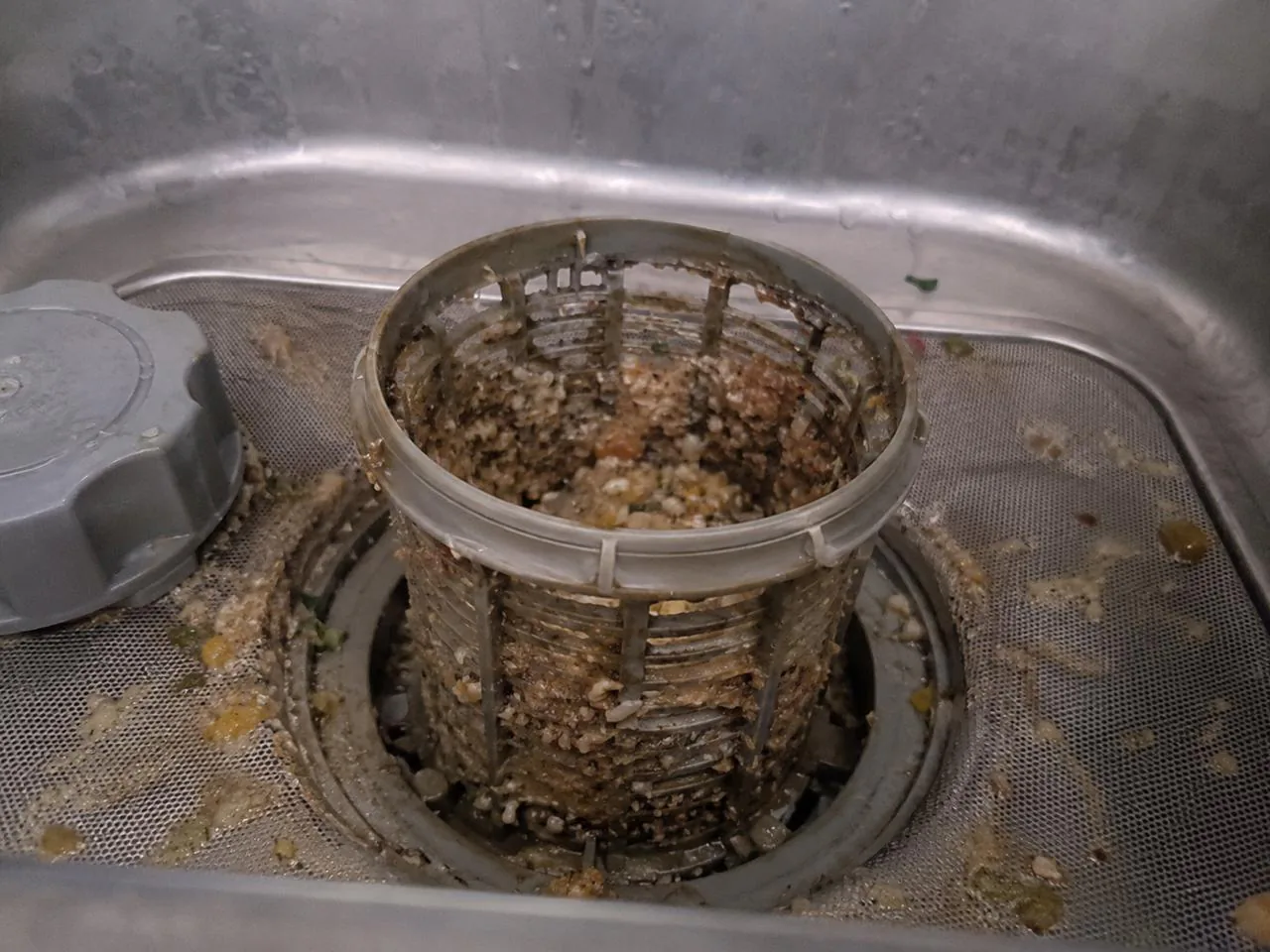 Dishwasher filter clogged with food debris before cleaning